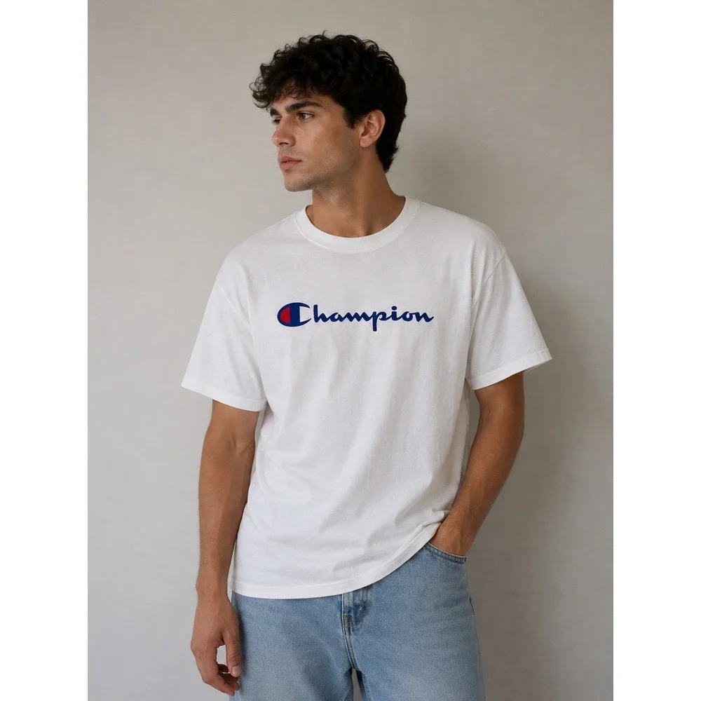 NWT Champion Mens Script Logo Graphic Shirt Large White Athletic Streetwear Tee - Picture 1 of 4